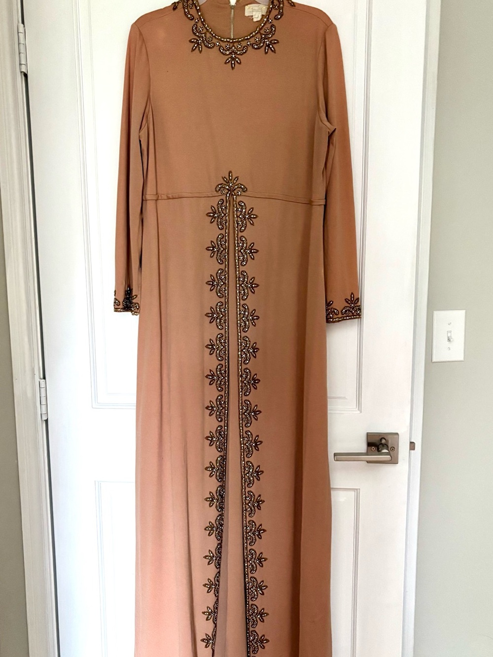 Vintage 1960s formal bead Embellished Long Sleeve Maxi Dress in Nude/Peach